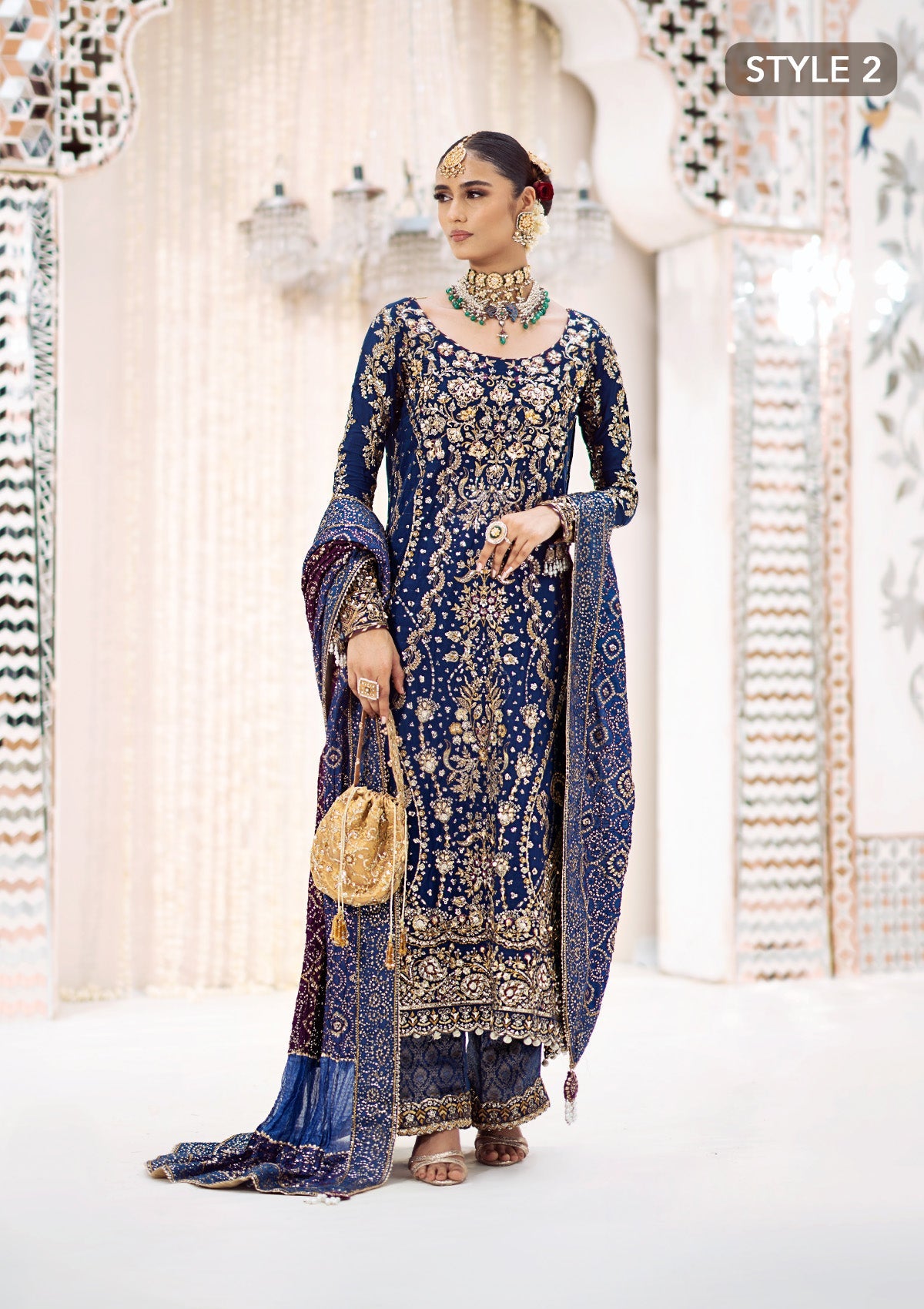 WEDDING FESTIVE 24 VOL. 2 - LOOK 05 Blue Long Shirt with Crushed Gharara,Long Shirt with Izaar Pants For Wedding Events - Pakistani Designer Wear for Women in UK | Kifat
