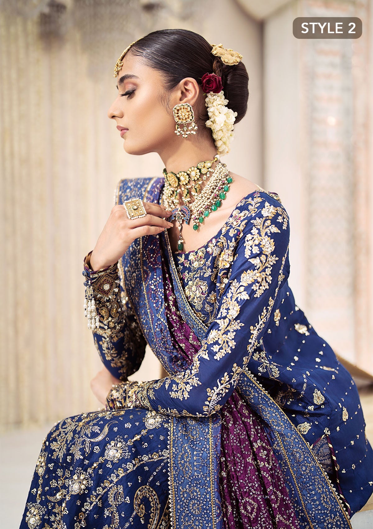WEDDING FESTIVE 24 VOL. 2 - LOOK 05 Blue Long Shirt with Crushed Gharara,Long Shirt with Izaar Pants For Wedding Events - Pakistani Designer Wear for Women in UK | Kifat