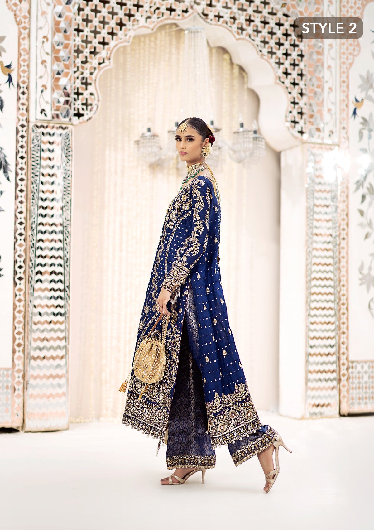WEDDING FESTIVE 24 VOL. 2 - LOOK 05 Blue Long Shirt with Crushed Gharara,Long Shirt with Izaar Pants For Wedding Events - Pakistani Designer Wear for Women in UK | Kifat