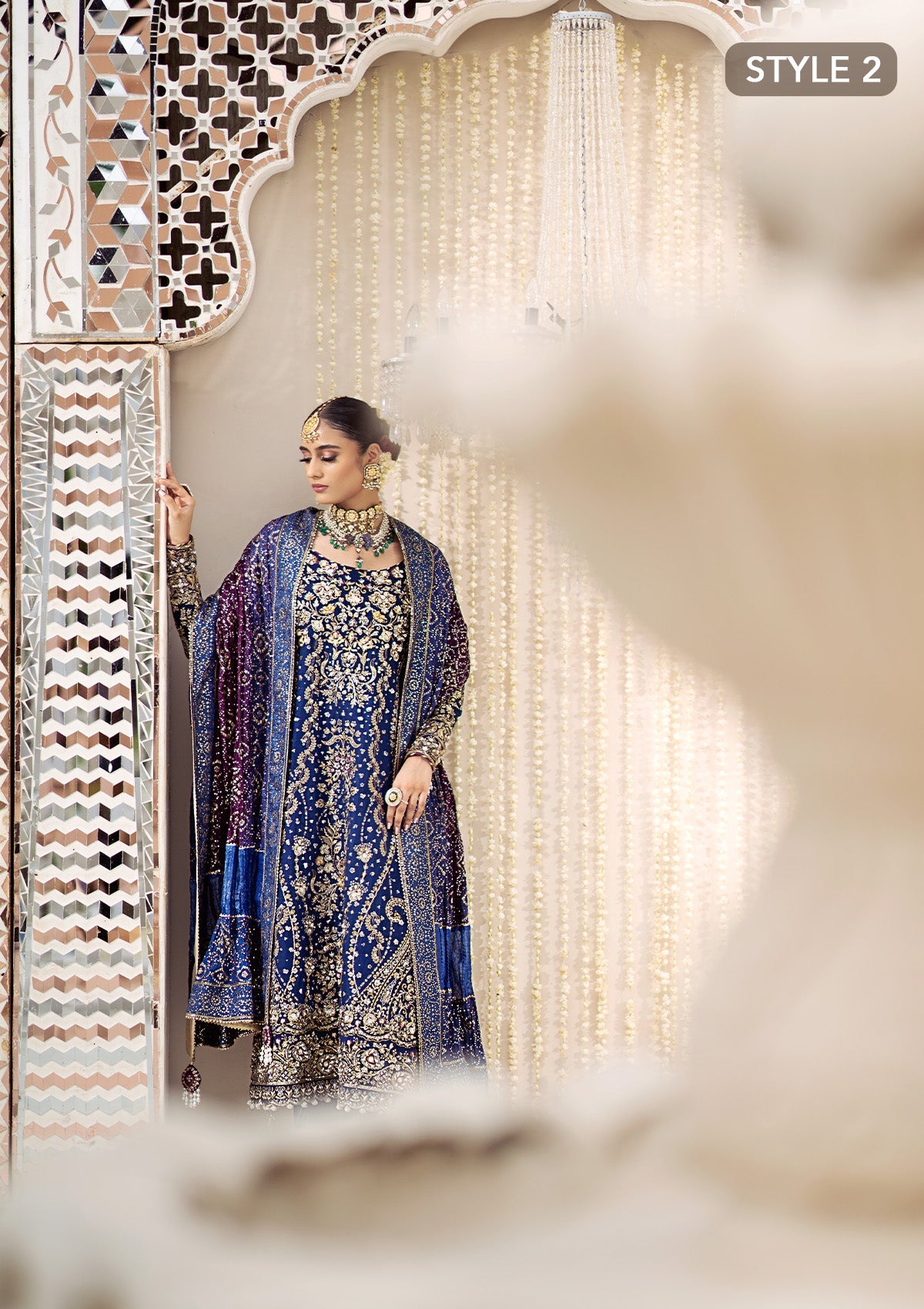 WEDDING FESTIVE 24 VOL. 2 - LOOK 05 Blue Long Shirt with Crushed Gharara,Long Shirt with Izaar Pants For Wedding Events - Pakistani Designer Wear for Women in UK | Kifat