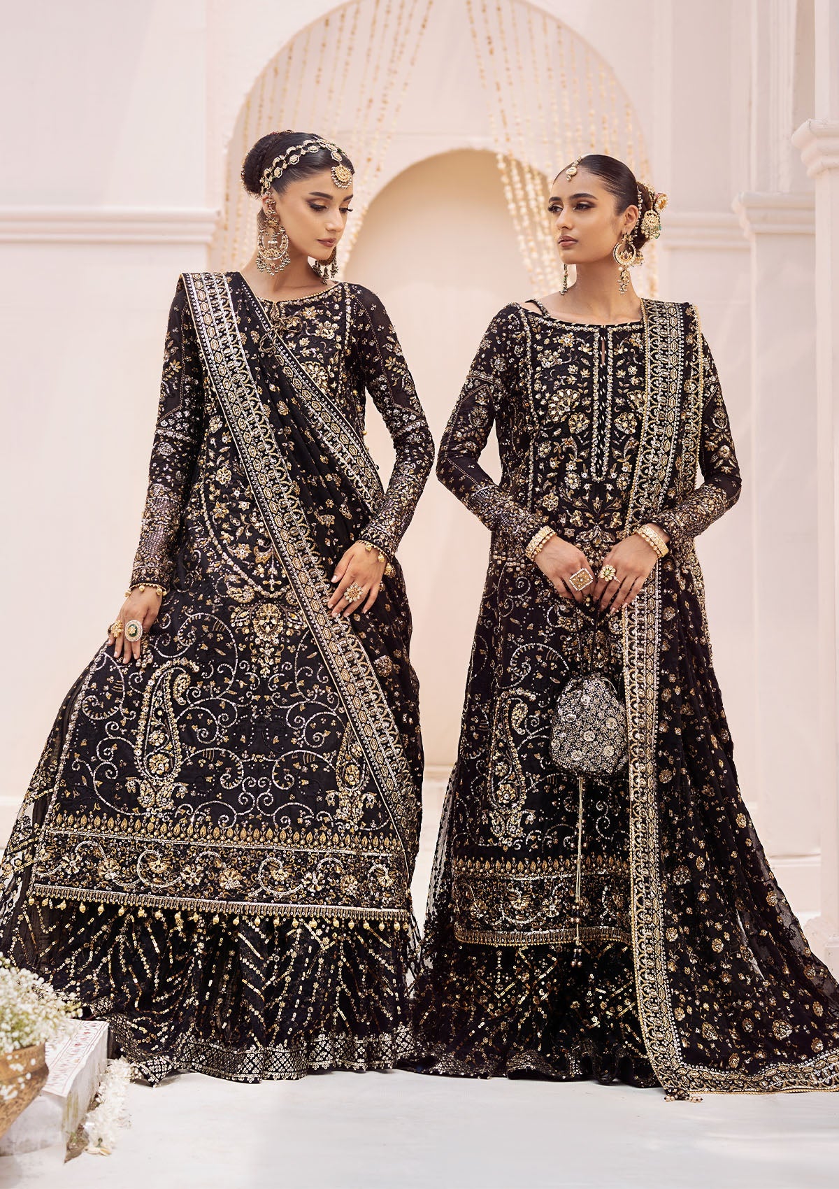 WEDDING FESTIVE 24 VOL. 2 - LOOK 07 Black Long Shirt with Gharara,Long Shirt with Crushed Frock For Wedding Events - Pakistani Designer Wear for Women in UK | Kifat