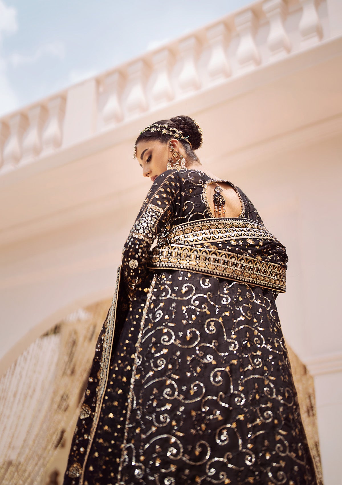 WEDDING FESTIVE 24 VOL. 2 - LOOK 07 Black Long Shirt with Gharara,Long Shirt with Crushed Frock For Wedding Events - Pakistani Designer Wear for Women in UK | Kifat