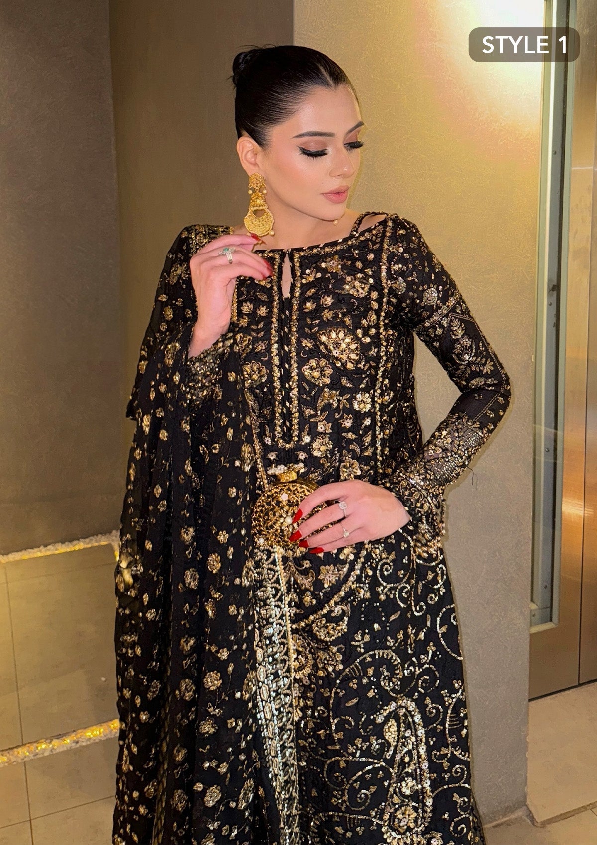 WEDDING FESTIVE 24 VOL. 2 - LOOK 07 Black Long Shirt with Gharara,Long Shirt with Crushed Frock For Wedding Events - Pakistani Designer Wear for Women in UK | Kifat