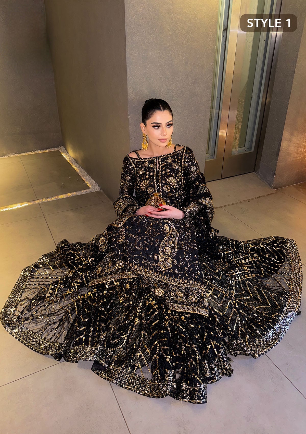 WEDDING FESTIVE 24 VOL. 2 - LOOK 07 Black Long Shirt with Gharara,Long Shirt with Crushed Frock For Wedding Events - Pakistani Designer Wear for Women in UK | Kifat
