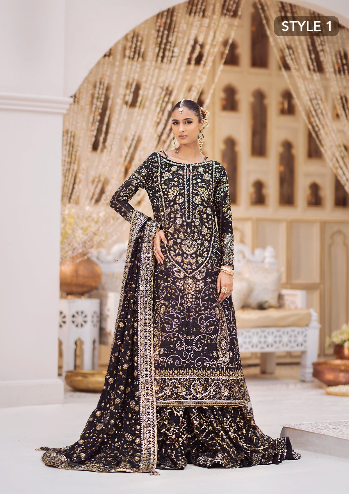 WEDDING FESTIVE 24 VOL. 2 - LOOK 07 Black Long Shirt with Gharara,Long Shirt with Crushed Frock For Wedding Events - Pakistani Designer Wear for Women in UK | Kifat