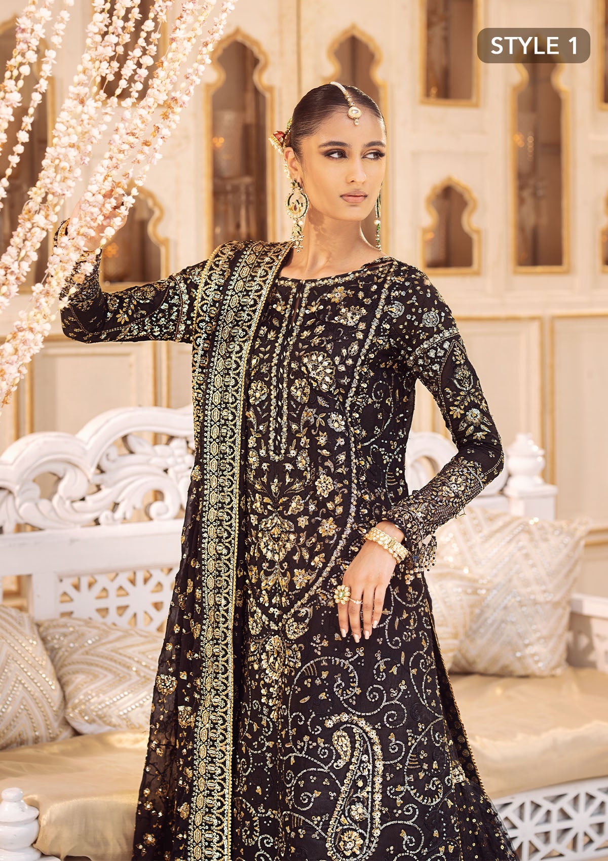 WEDDING FESTIVE 24 VOL. 2 - LOOK 07 Black Long Shirt with Gharara,Long Shirt with Crushed Frock For Wedding Events - Pakistani Designer Wear for Women in UK | Kifat