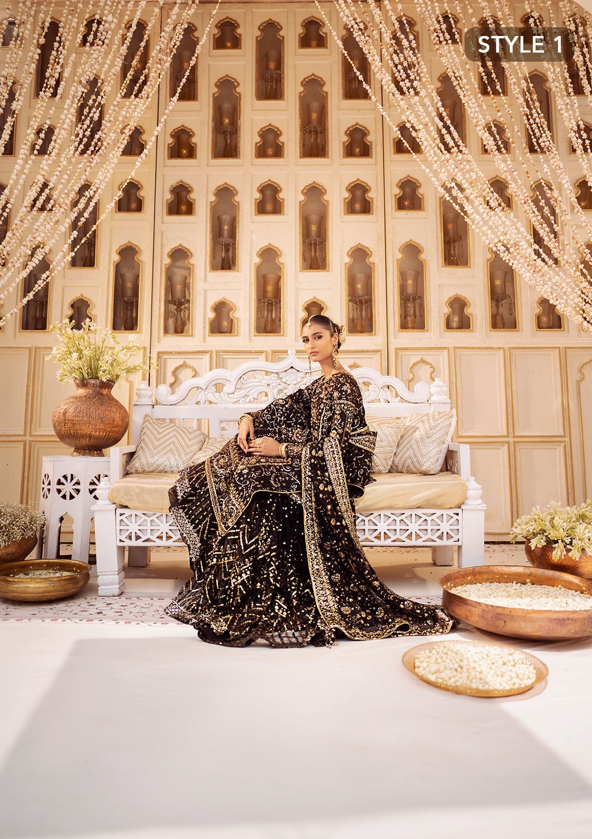 WEDDING FESTIVE 24 VOL. 2 - LOOK 07 Black Long Shirt with Gharara,Long Shirt with Crushed Frock For Wedding Events - Pakistani Designer Wear for Women in UK | Kifat
