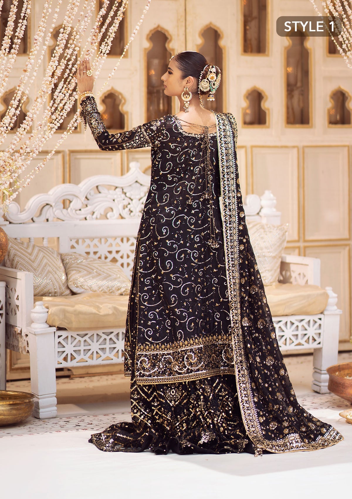 WEDDING FESTIVE 24 VOL. 2 - LOOK 07 Black Long Shirt with Gharara,Long Shirt with Crushed Frock For Wedding Events - Pakistani Designer Wear for Women in UK | Kifat