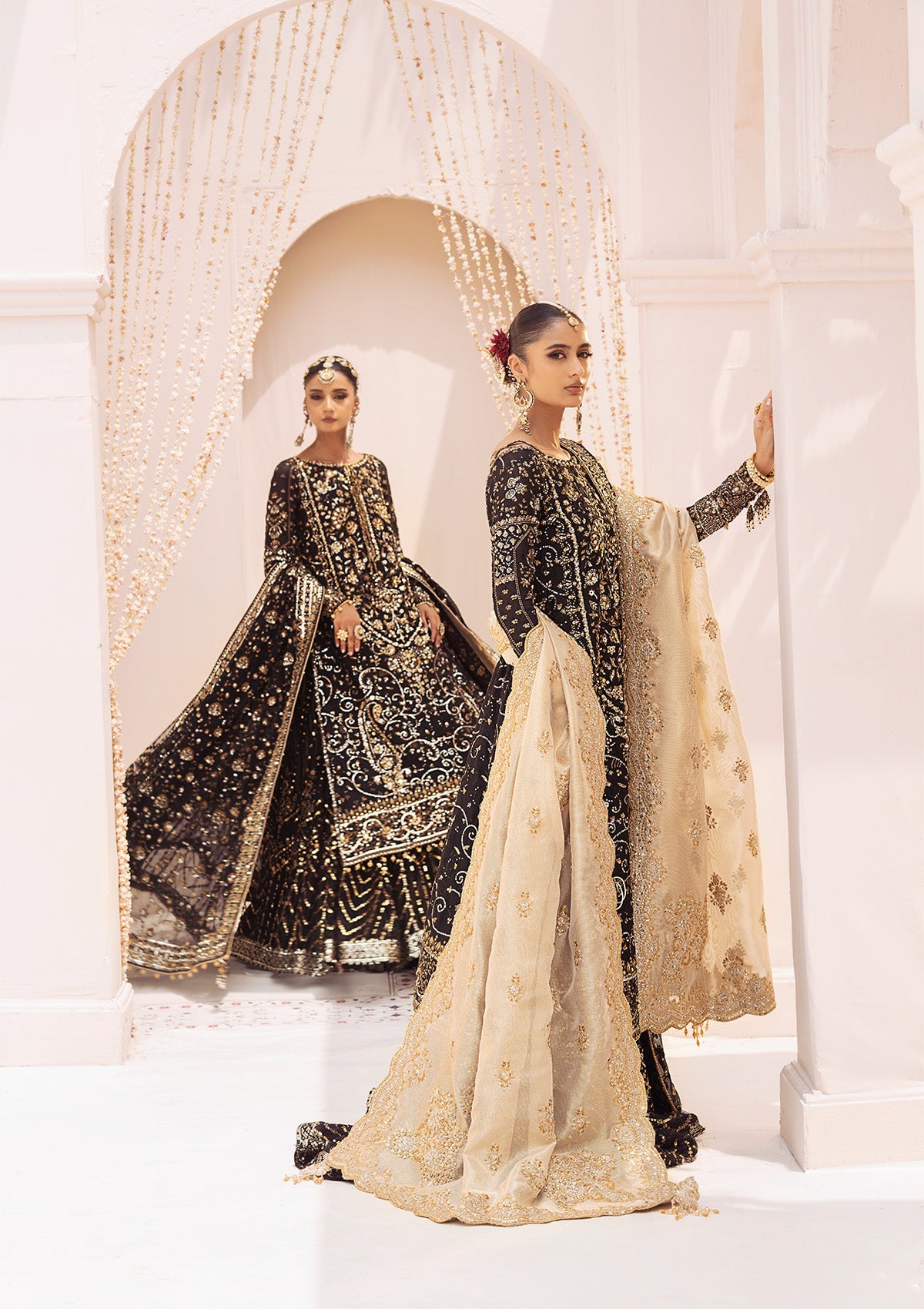 WEDDING FESTIVE 24 VOL. 2 - LOOK 07 Black Long Shirt with Gharara,Long Shirt with Crushed Frock For Wedding Events - Pakistani Designer Wear for Women in UK | Kifat