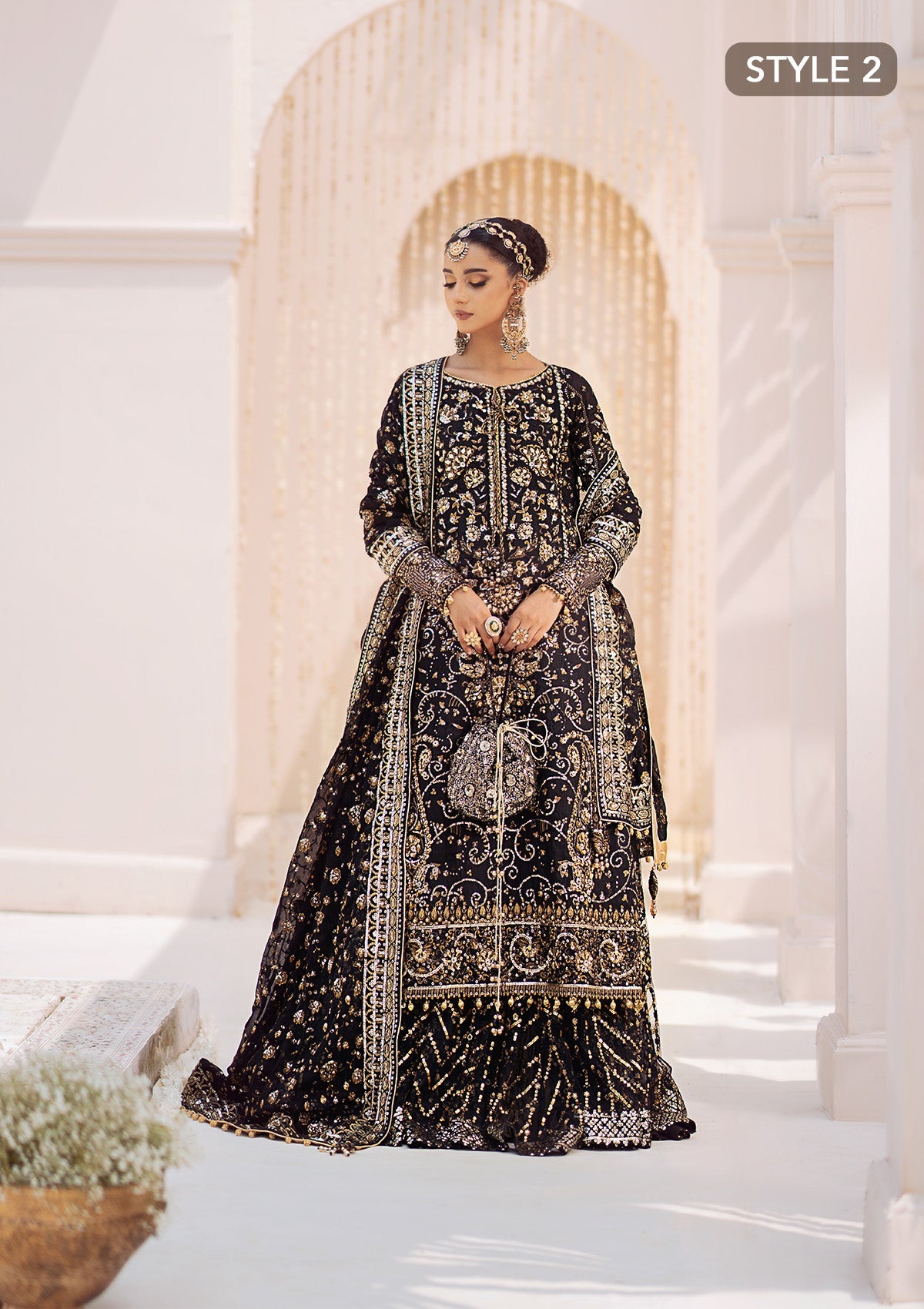 WEDDING FESTIVE 24 VOL. 2 - LOOK 07 Black Long Shirt with Gharara,Long Shirt with Crushed Frock For Wedding Events - Pakistani Designer Wear for Women in UK | Kifat