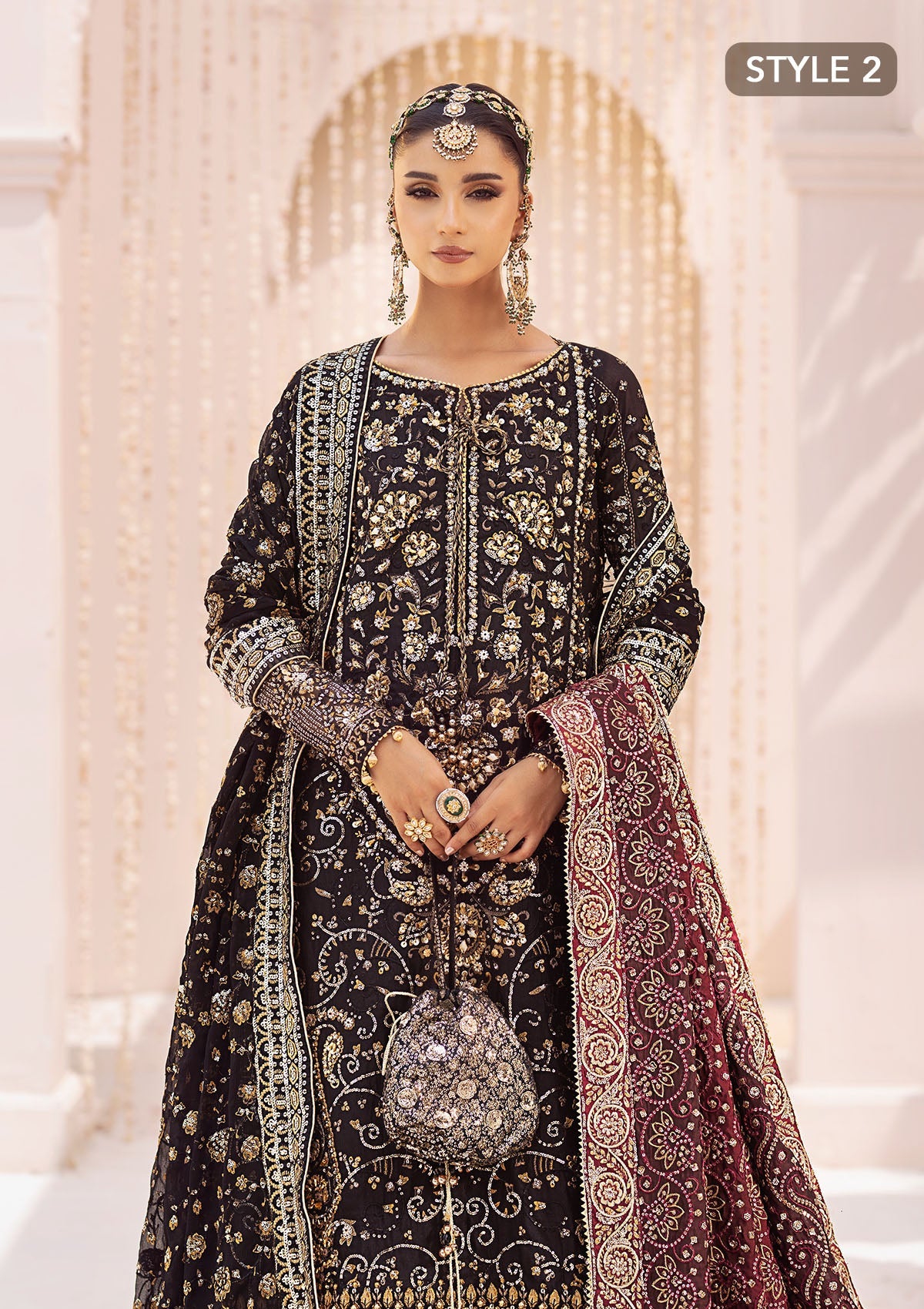 WEDDING FESTIVE 24 VOL. 2 - LOOK 07 Black Long Shirt with Gharara,Long Shirt with Crushed Frock For Wedding Events - Pakistani Designer Wear for Women in UK | Kifat