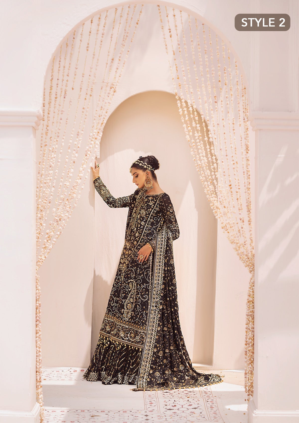WEDDING FESTIVE 24 VOL. 2 - LOOK 07 Black Long Shirt with Gharara,Long Shirt with Crushed Frock For Wedding Events - Pakistani Designer Wear for Women in UK | Kifat