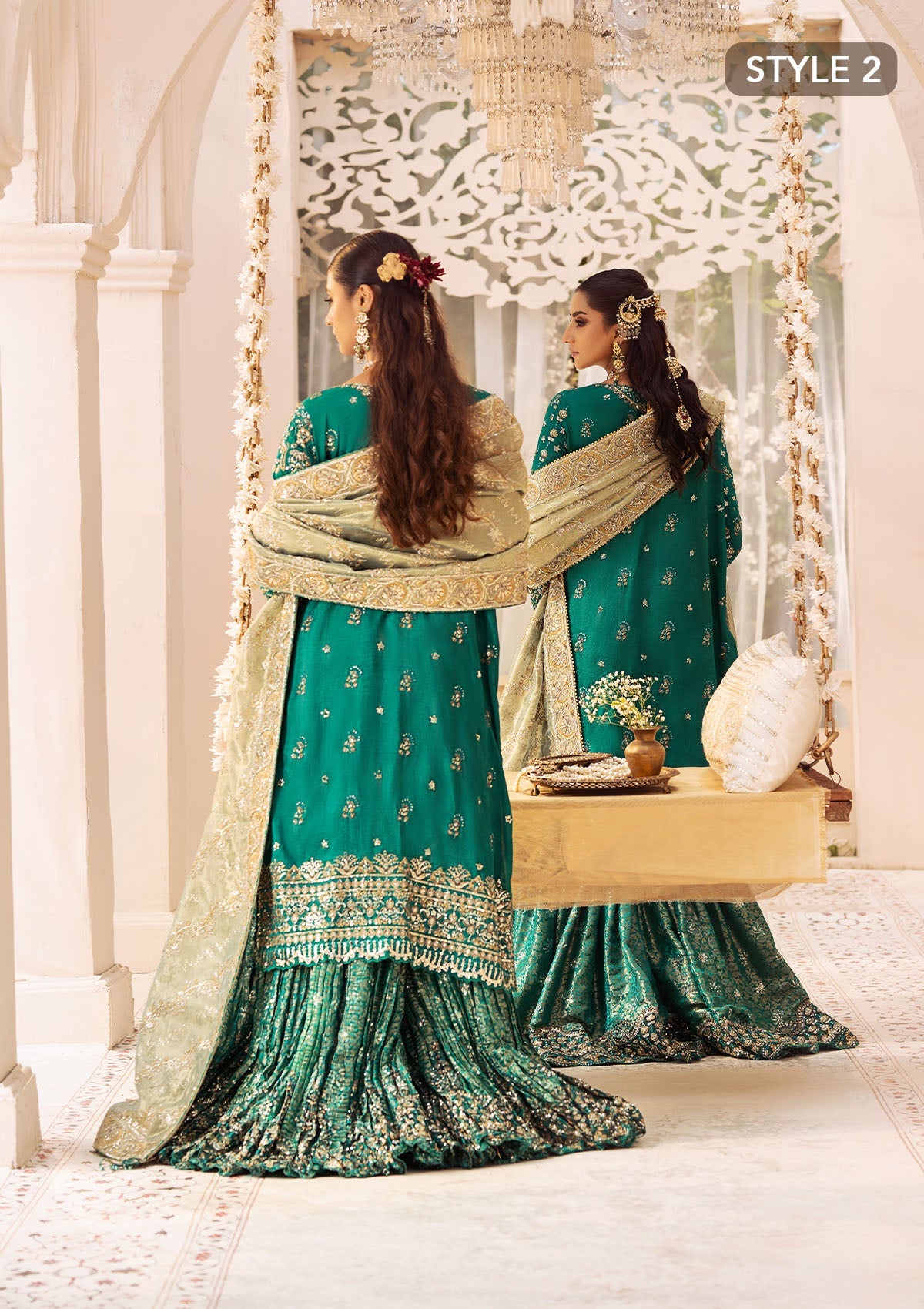 WEDDING FESTIVE 24 VOL. 2 - LOOK 09 Bottle Green Mid Length shirt with crushed Sharara,Mid Length shirt with Gharara For Wedding Events - Pakistani Designer Wear for Women in UK | Kifat