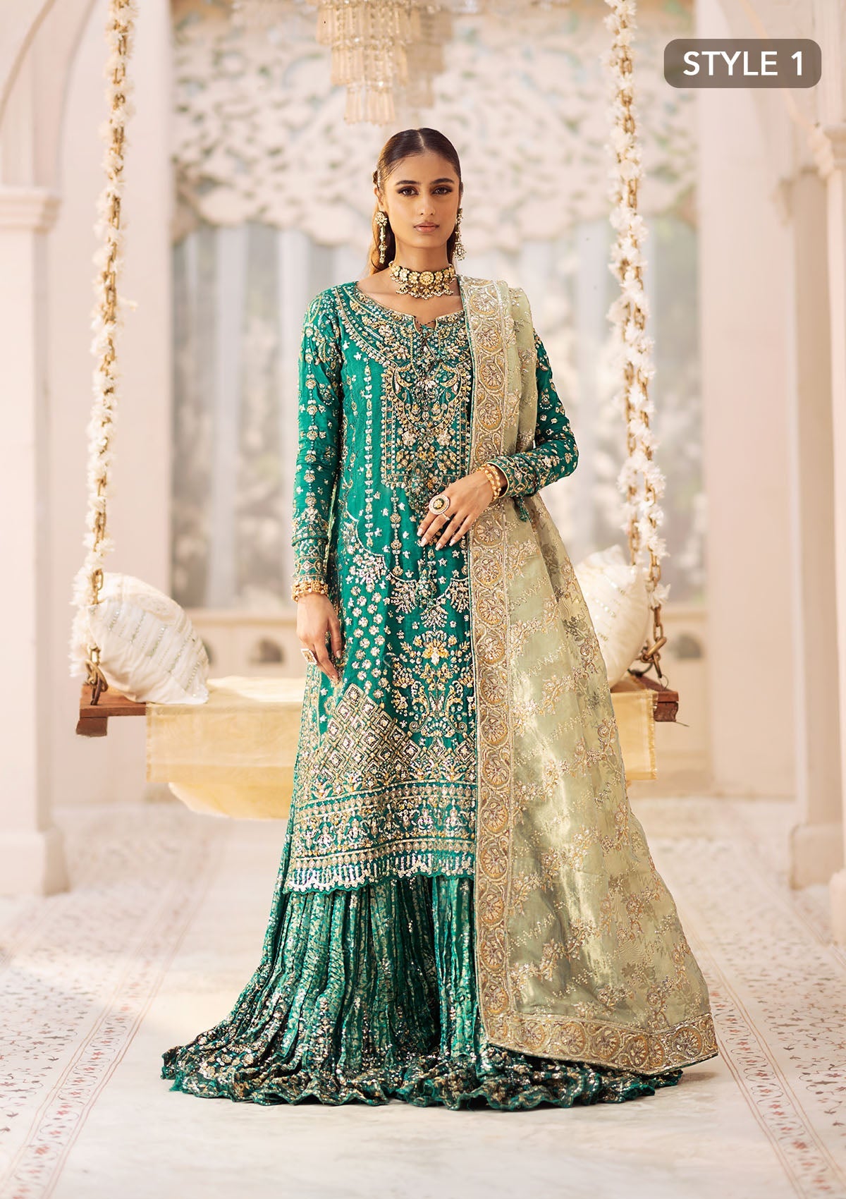 WEDDING FESTIVE 24 VOL. 2 - LOOK 09 Bottle Green Mid Length shirt with crushed Sharara,Mid Length shirt with Gharara For Wedding Events - Pakistani Designer Wear for Women in UK | Kifat