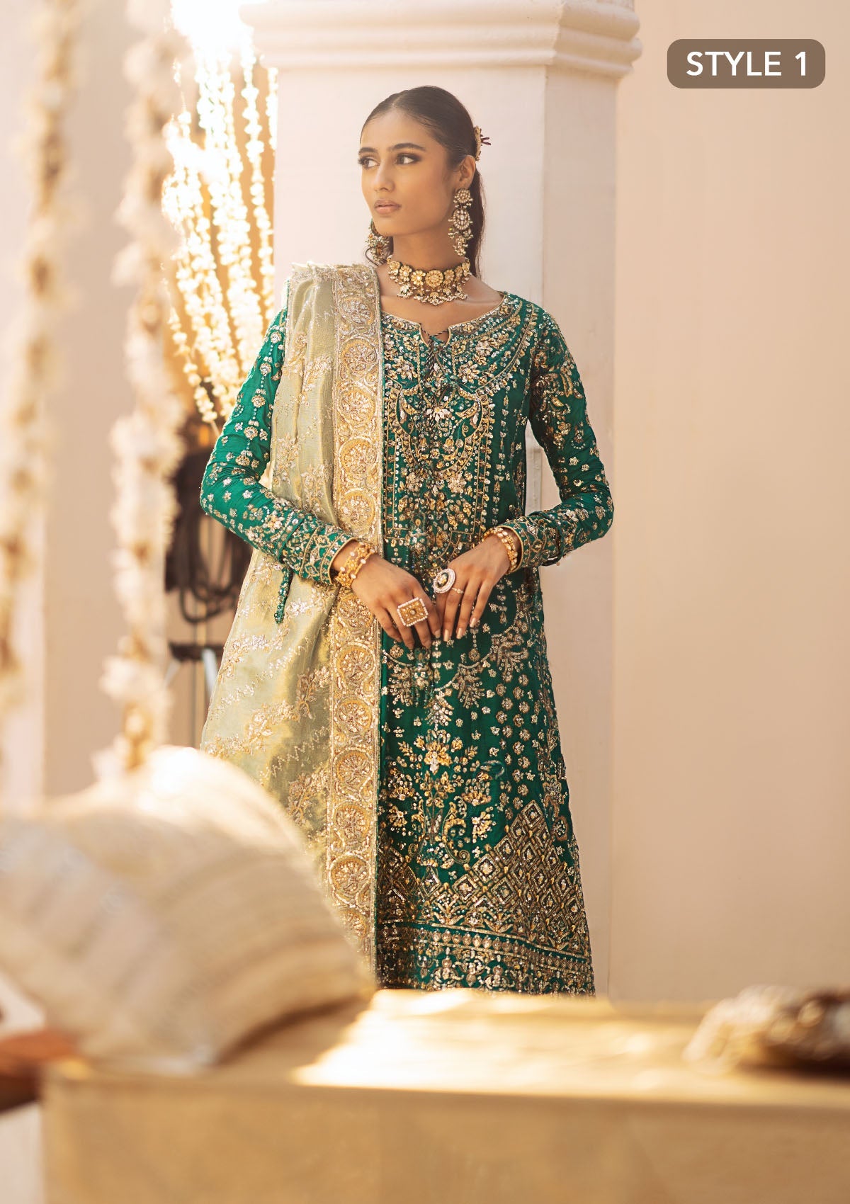 WEDDING FESTIVE 24 VOL. 2 - LOOK 09 Bottle Green Mid Length shirt with crushed Sharara,Mid Length shirt with Gharara For Wedding Events - Pakistani Designer Wear for Women in UK | Kifat