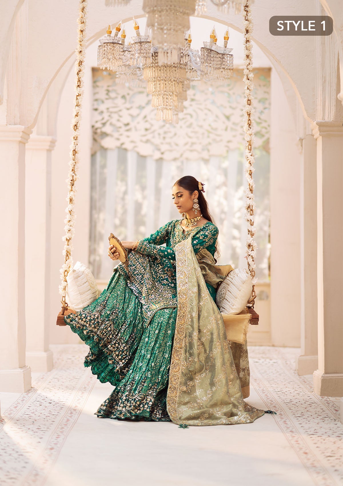 WEDDING FESTIVE 24 VOL. 2 - LOOK 09 Bottle Green Mid Length shirt with crushed Sharara,Mid Length shirt with Gharara For Wedding Events - Pakistani Designer Wear for Women in UK | Kifat