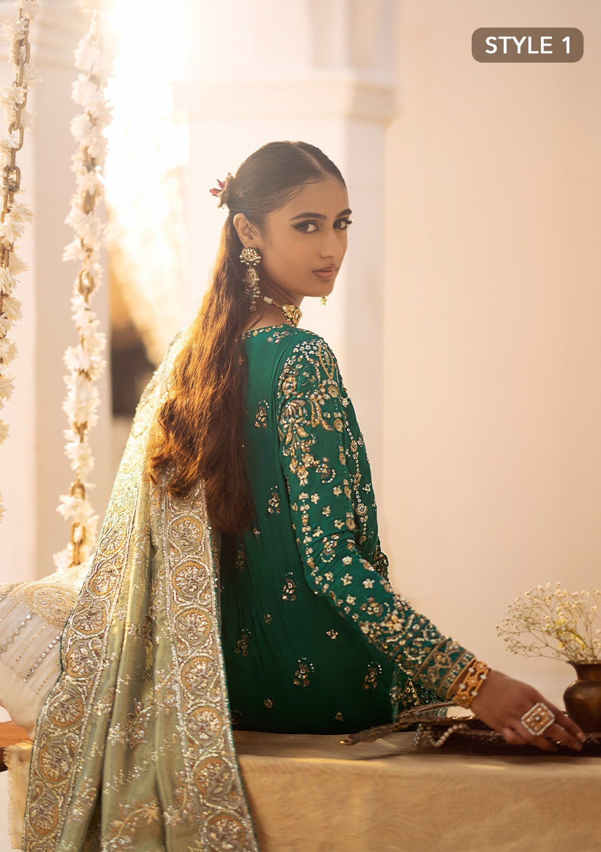 WEDDING FESTIVE 24 VOL. 2 - LOOK 09 Bottle Green Mid Length shirt with crushed Sharara,Mid Length shirt with Gharara For Wedding Events - Pakistani Designer Wear for Women in UK | Kifat