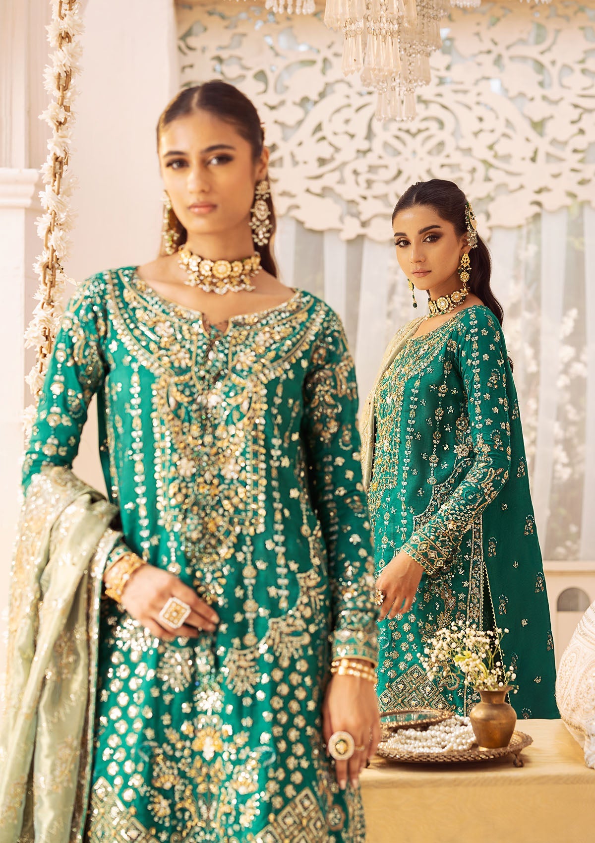 WEDDING FESTIVE 24 VOL. 2 - LOOK 09 Bottle Green Mid Length shirt with crushed Sharara,Mid Length shirt with Gharara For Wedding Events - Pakistani Designer Wear for Women in UK | Kifat