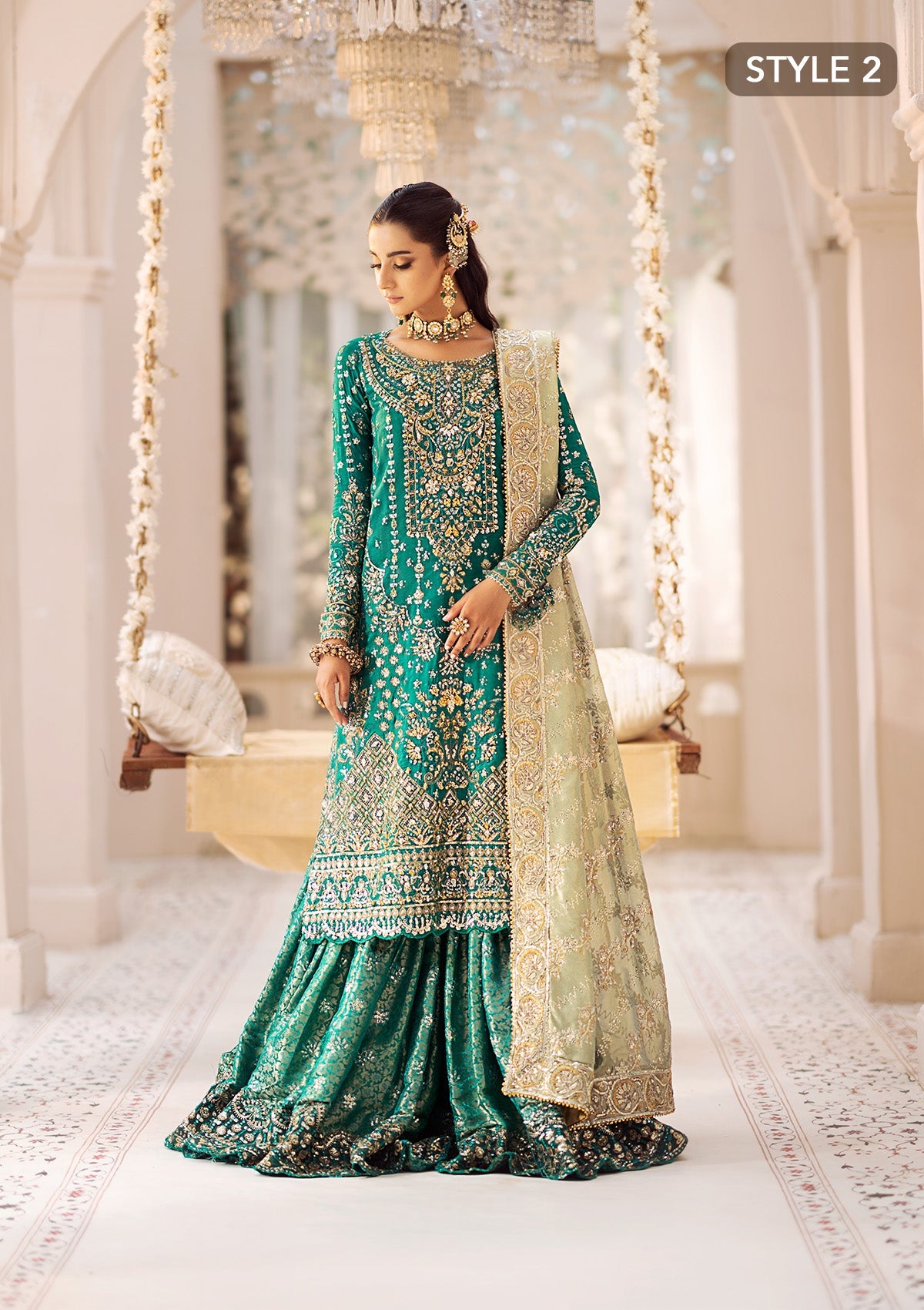 WEDDING FESTIVE 24 VOL. 2 - LOOK 09 Bottle Green Mid Length shirt with crushed Sharara,Mid Length shirt with Gharara For Wedding Events - Pakistani Designer Wear for Women in UK | Kifat