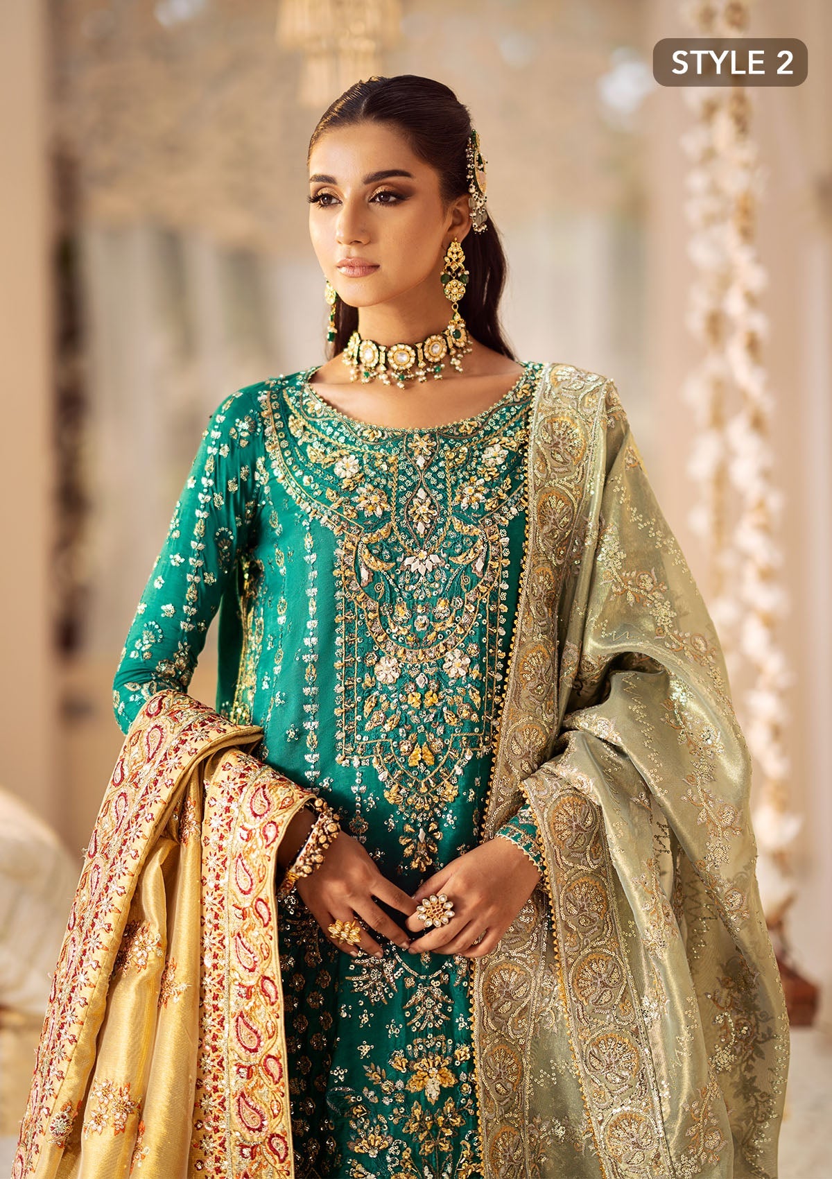 WEDDING FESTIVE 24 VOL. 2 - LOOK 09 Bottle Green Mid Length shirt with crushed Sharara,Mid Length shirt with Gharara For Wedding Events - Pakistani Designer Wear for Women in UK | Kifat