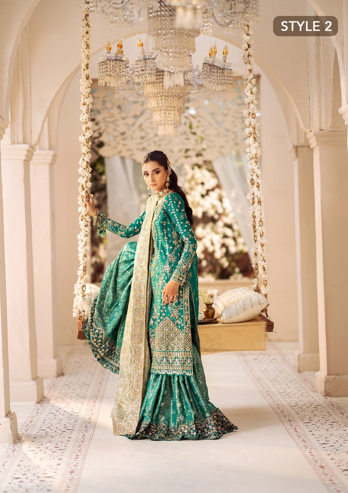 WEDDING FESTIVE 24 VOL. 2 - LOOK 09 Bottle Green Mid Length shirt with crushed Sharara,Mid Length shirt with Gharara For Wedding Events - Pakistani Designer Wear for Women in UK | Kifat