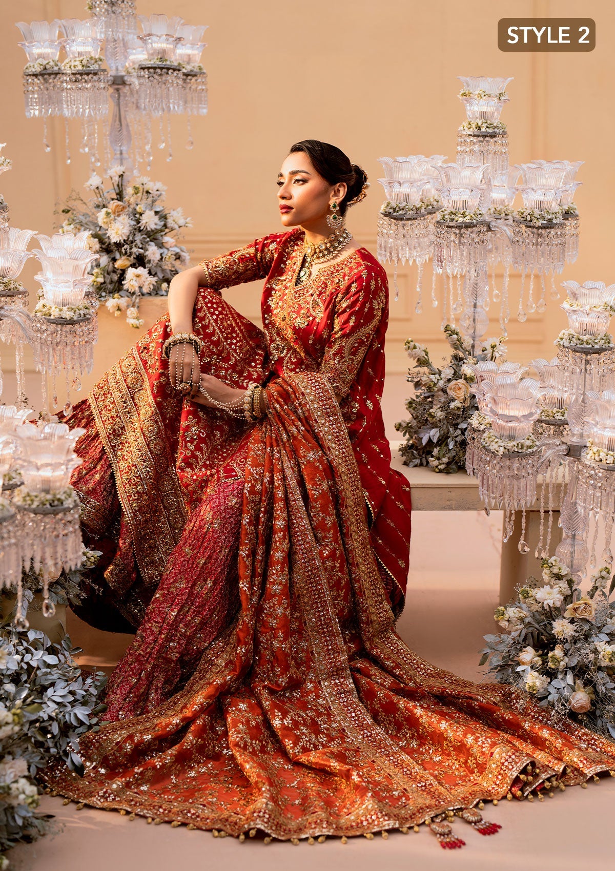 WEDDING FESTIVE 25 VOL. 1 - LOOK 01 Red LONG SHIRT WITH FARSHI GHARARA,LONG SHIRT WITH CRUSHED GHARARA For Wedding Events - Pakistani Designer Wear for Women in UK | Kifat