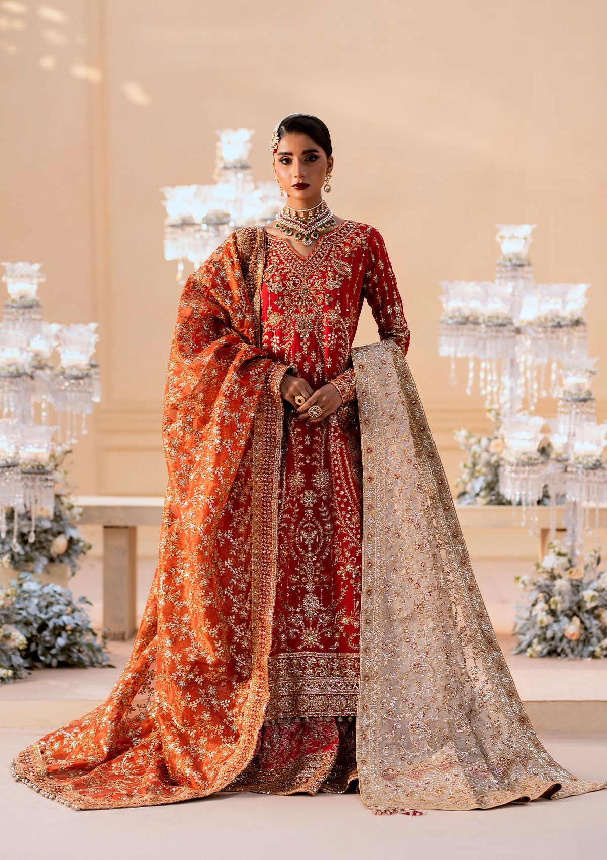 WEDDING FESTIVE 25 VOL. 1 - LOOK 01 Red LONG SHIRT WITH FARSHI GHARARA,LONG SHIRT WITH CRUSHED GHARARA For Wedding Events - Pakistani Designer Wear for Women in UK | Kifat
