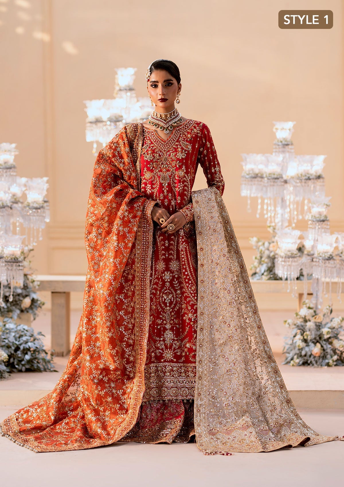 WEDDING FESTIVE 25 VOL. 1 - LOOK 01 Red LONG SHIRT WITH FARSHI GHARARA,LONG SHIRT WITH CRUSHED GHARARA For Wedding Events - Pakistani Designer Wear for Women in UK | Kifat