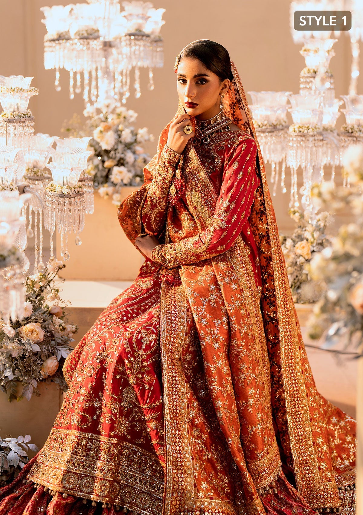 WEDDING FESTIVE 25 VOL. 1 - LOOK 01 Red LONG SHIRT WITH FARSHI GHARARA,LONG SHIRT WITH CRUSHED GHARARA For Wedding Events - Pakistani Designer Wear for Women in UK | Kifat