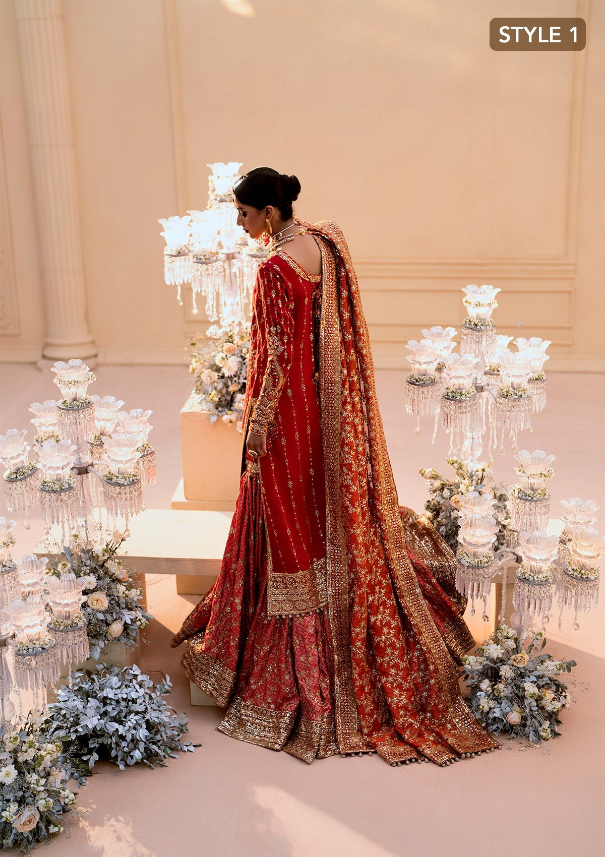 WEDDING FESTIVE 25 VOL. 1 - LOOK 01 Red LONG SHIRT WITH FARSHI GHARARA,LONG SHIRT WITH CRUSHED GHARARA For Wedding Events - Pakistani Designer Wear for Women in UK | Kifat