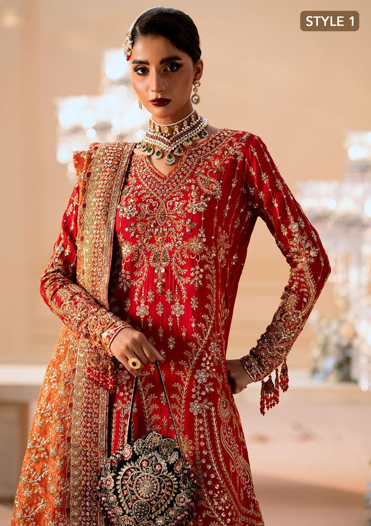 WEDDING FESTIVE 25 VOL. 1 - LOOK 01 Red LONG SHIRT WITH FARSHI GHARARA,LONG SHIRT WITH CRUSHED GHARARA For Wedding Events - Pakistani Designer Wear for Women in UK | Kifat