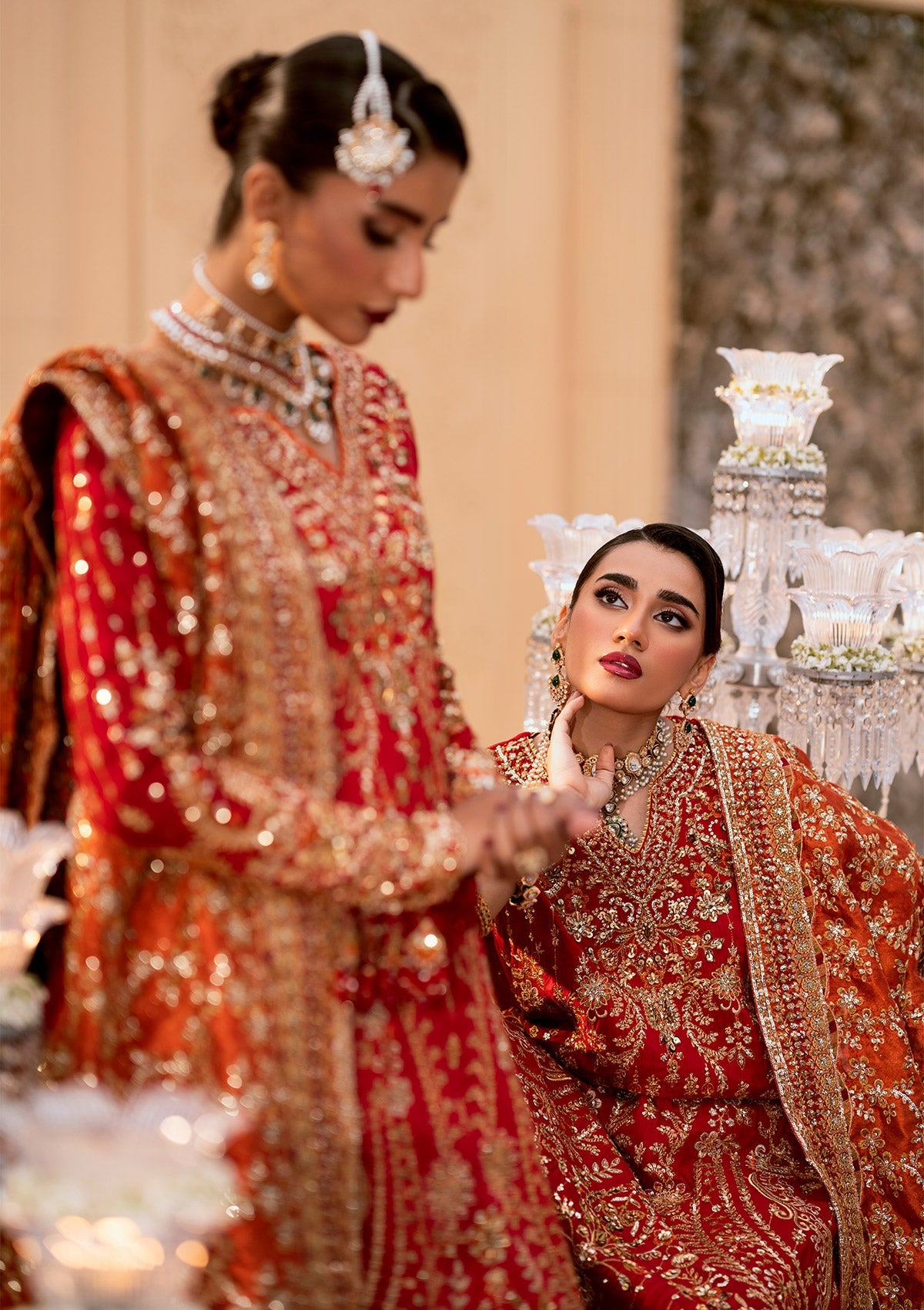 WEDDING FESTIVE 25 VOL. 1 - LOOK 01 Red LONG SHIRT WITH FARSHI GHARARA,LONG SHIRT WITH CRUSHED GHARARA For Wedding Events - Pakistani Designer Wear for Women in UK | Kifat