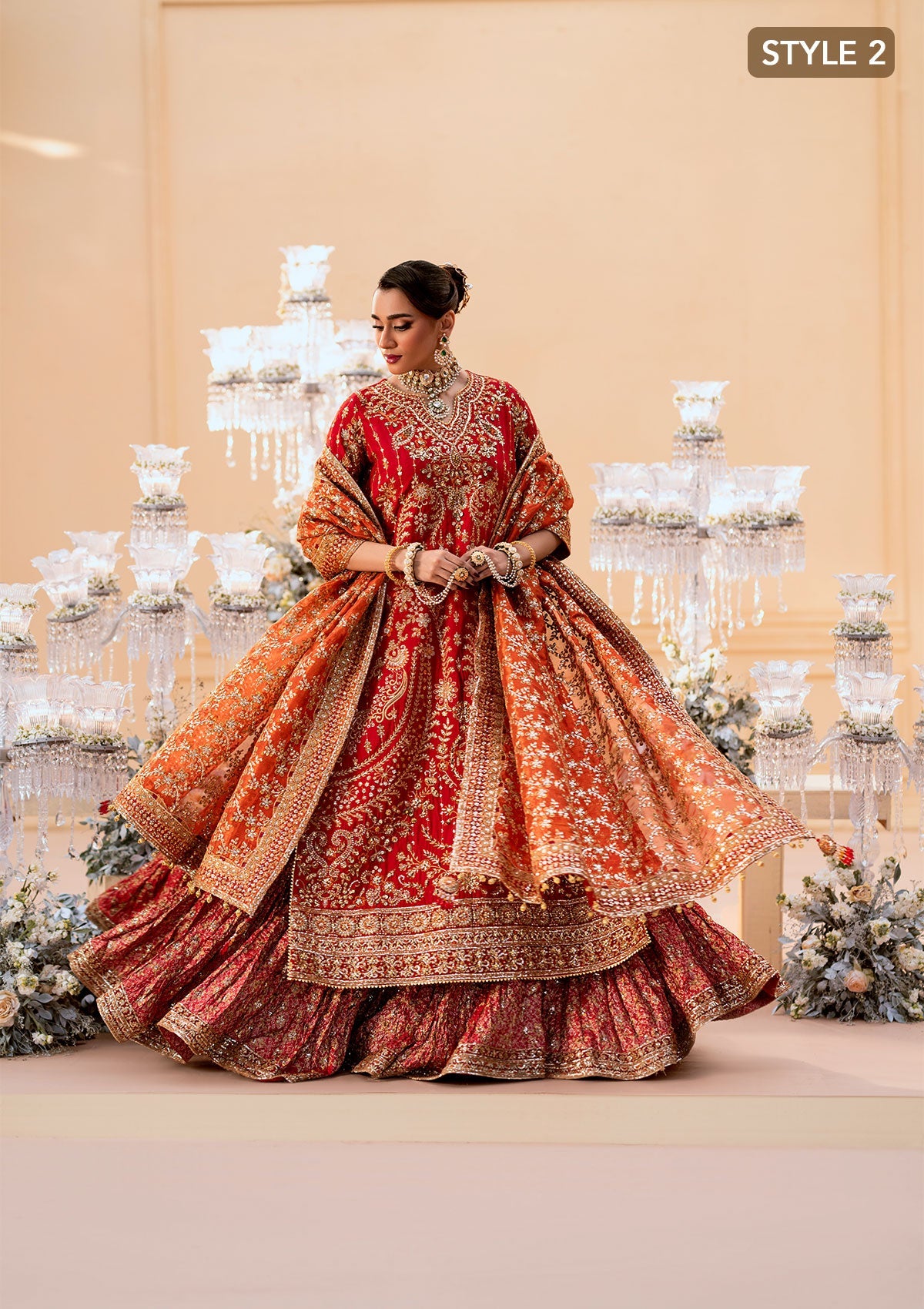 WEDDING FESTIVE 25 VOL. 1 - LOOK 01 Red LONG SHIRT WITH FARSHI GHARARA,LONG SHIRT WITH CRUSHED GHARARA For Wedding Events - Pakistani Designer Wear for Women in UK | Kifat