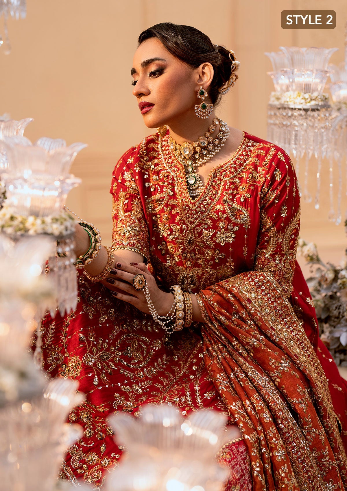 WEDDING FESTIVE 25 VOL. 1 - LOOK 01 Red LONG SHIRT WITH FARSHI GHARARA,LONG SHIRT WITH CRUSHED GHARARA For Wedding Events - Pakistani Designer Wear for Women in UK | Kifat