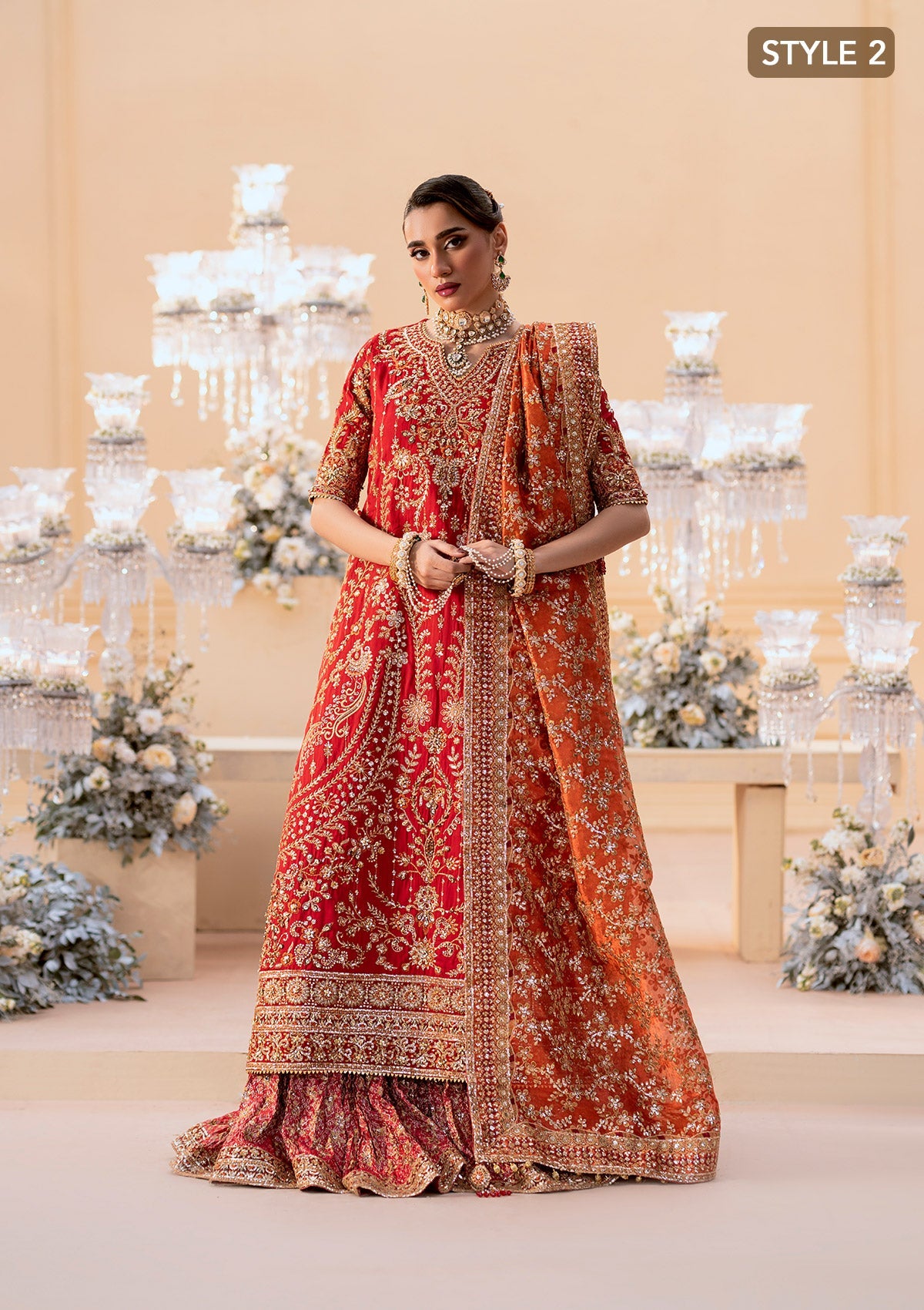 WEDDING FESTIVE 25 VOL. 1 - LOOK 01 Red LONG SHIRT WITH FARSHI GHARARA,LONG SHIRT WITH CRUSHED GHARARA For Wedding Events - Pakistani Designer Wear for Women in UK | Kifat
