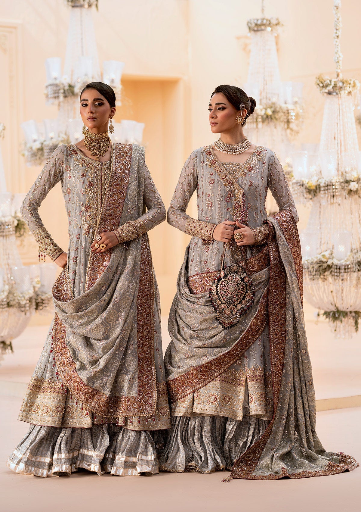 WEDDING FESTIVE 25 VOL. 1 - LOOK 02 Grey KALIDAR OPEN FRONT WITH CRUSHED FROCK,ANGRAKHA WITH CRUSHED SHARARA For Wedding Events - Pakistani Designer Wear for Women in UK | Kifat