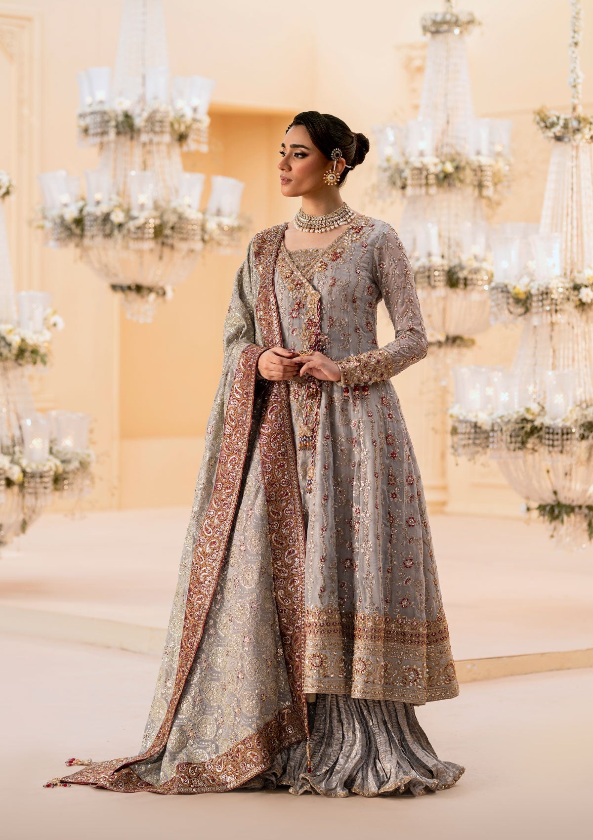 WEDDING FESTIVE 25 VOL. 1 - LOOK 02 Grey KALIDAR OPEN FRONT WITH CRUSHED FROCK,ANGRAKHA WITH CRUSHED SHARARA For Wedding Events - Pakistani Designer Wear for Women in UK | Kifat