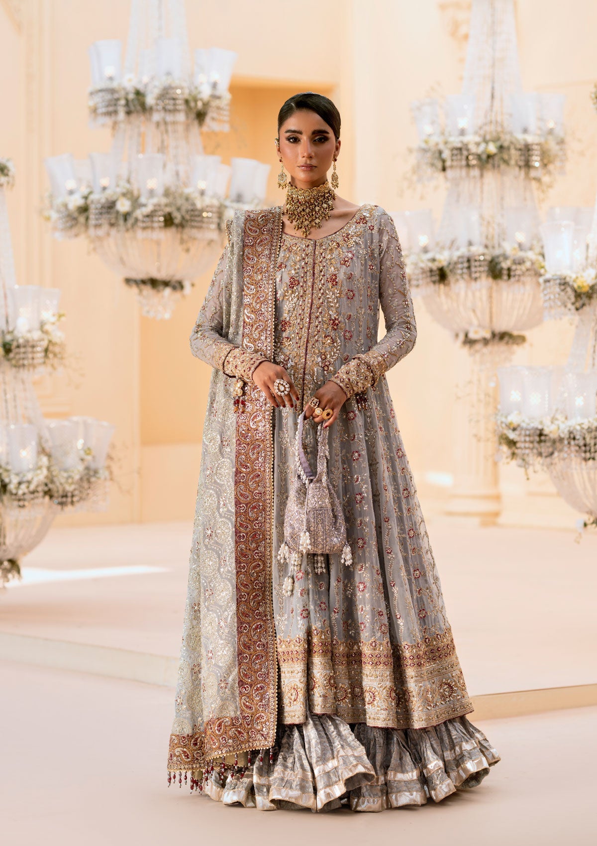 WEDDING FESTIVE 25 VOL. 1 - LOOK 02 Grey KALIDAR OPEN FRONT WITH CRUSHED FROCK,ANGRAKHA WITH CRUSHED SHARARA For Wedding Events - Pakistani Designer Wear for Women in UK | Kifat