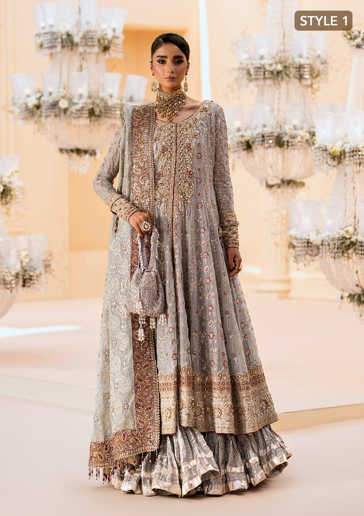 WEDDING FESTIVE 25 VOL. 1 - LOOK 02 Grey KALIDAR OPEN FRONT WITH CRUSHED FROCK,ANGRAKHA WITH CRUSHED SHARARA For Wedding Events - Pakistani Designer Wear for Women in UK | Kifat