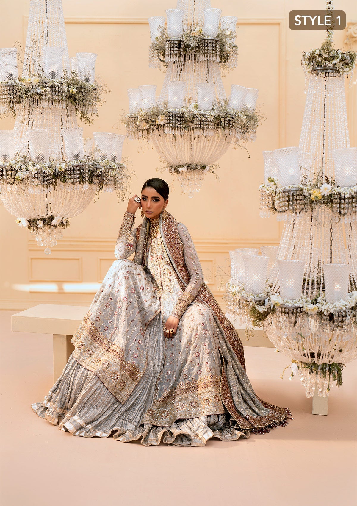 WEDDING FESTIVE 25 VOL. 1 - LOOK 02 Grey KALIDAR OPEN FRONT WITH CRUSHED FROCK,ANGRAKHA WITH CRUSHED SHARARA For Wedding Events - Pakistani Designer Wear for Women in UK | Kifat