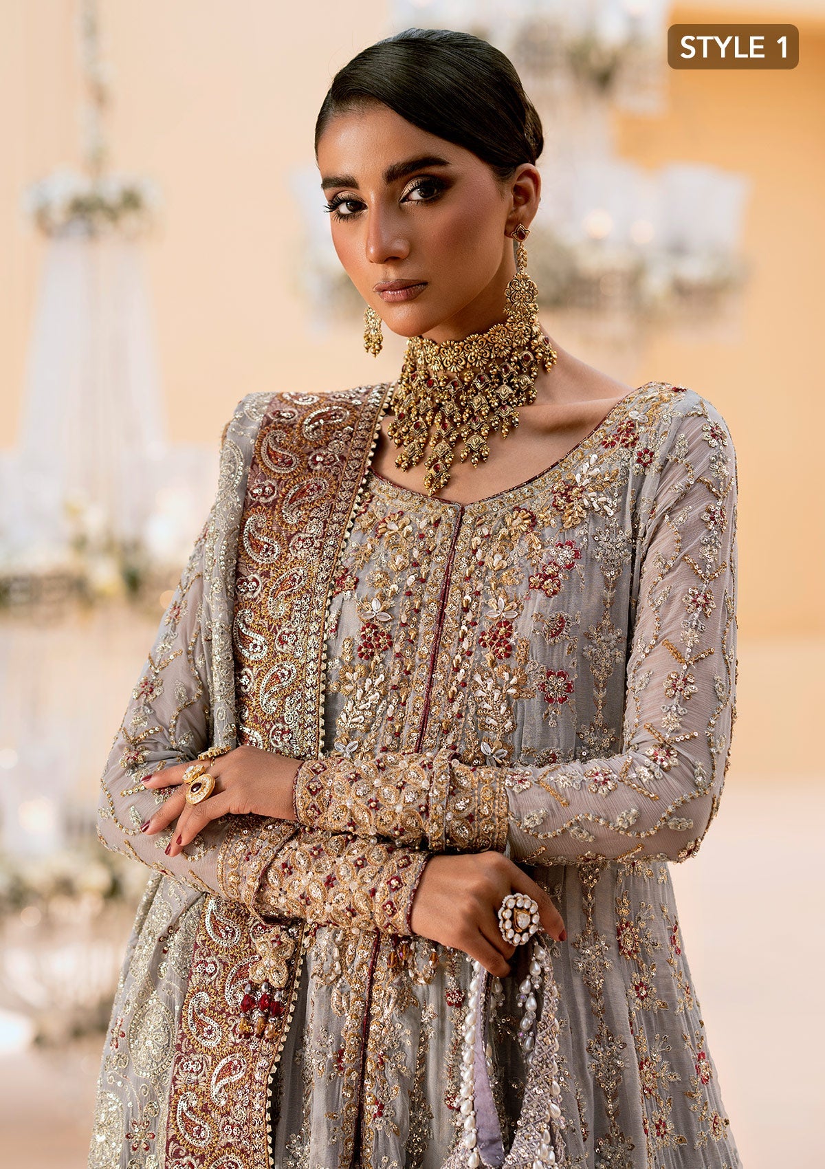 WEDDING FESTIVE 25 VOL. 1 - LOOK 02 Grey KALIDAR OPEN FRONT WITH CRUSHED FROCK,ANGRAKHA WITH CRUSHED SHARARA For Wedding Events - Pakistani Designer Wear for Women in UK | Kifat