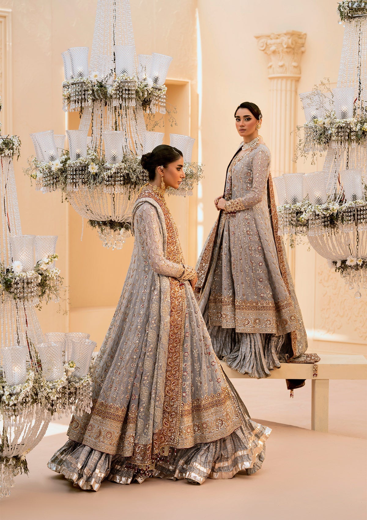 WEDDING FESTIVE 25 VOL. 1 - LOOK 02 Grey KALIDAR OPEN FRONT WITH CRUSHED FROCK,ANGRAKHA WITH CRUSHED SHARARA For Wedding Events - Pakistani Designer Wear for Women in UK | Kifat