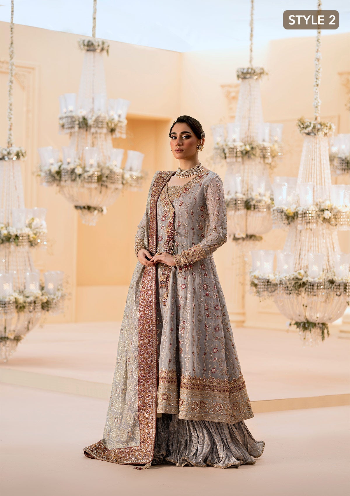 WEDDING FESTIVE 25 VOL. 1 - LOOK 02 Grey KALIDAR OPEN FRONT WITH CRUSHED FROCK,ANGRAKHA WITH CRUSHED SHARARA For Wedding Events - Pakistani Designer Wear for Women in UK | Kifat