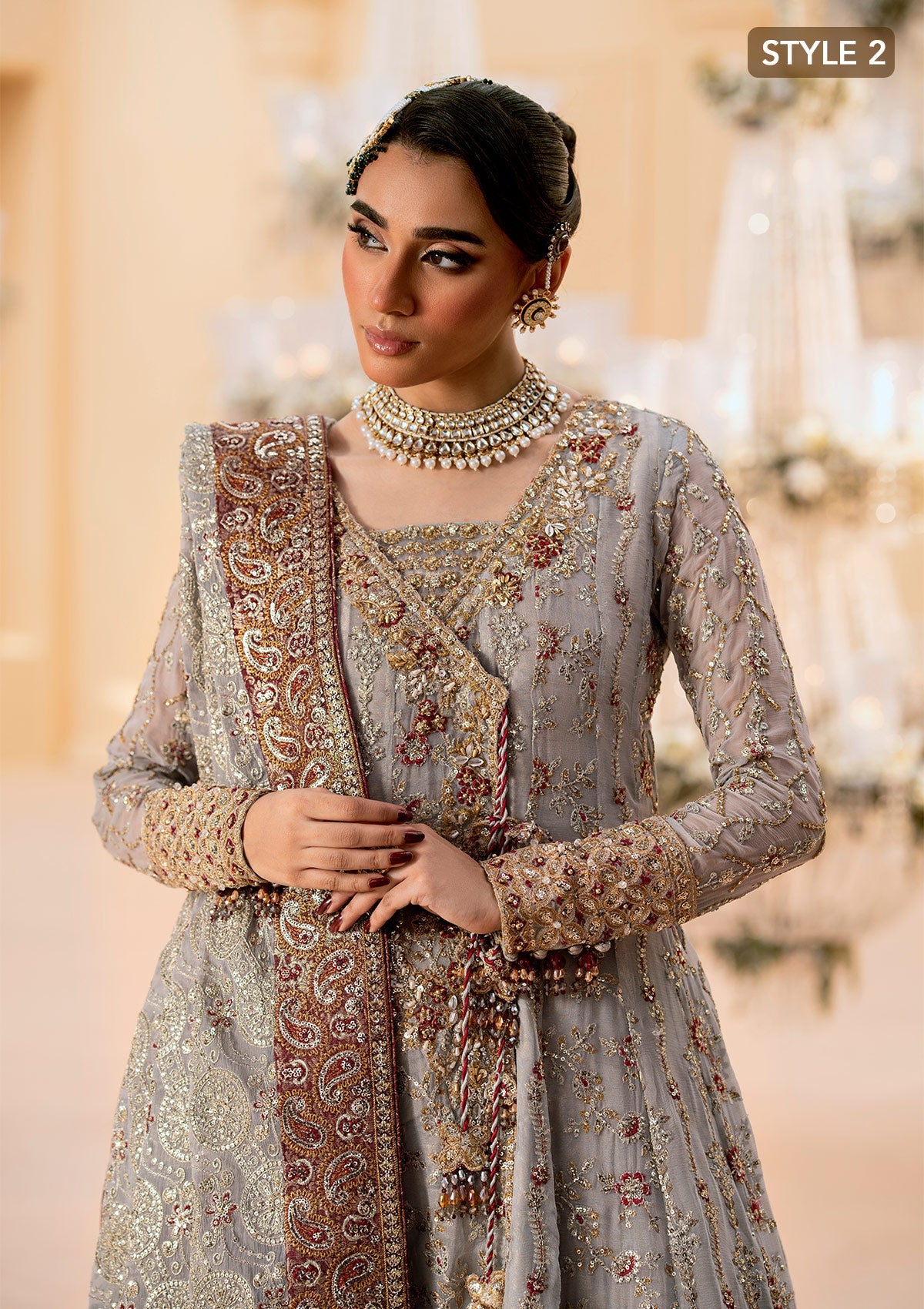 WEDDING FESTIVE 25 VOL. 1 - LOOK 02 Grey KALIDAR OPEN FRONT WITH CRUSHED FROCK,ANGRAKHA WITH CRUSHED SHARARA For Wedding Events - Pakistani Designer Wear for Women in UK | Kifat