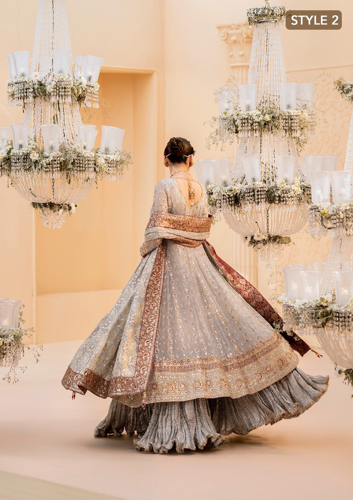 WEDDING FESTIVE 25 VOL. 1 - LOOK 02 Grey KALIDAR OPEN FRONT WITH CRUSHED FROCK,ANGRAKHA WITH CRUSHED SHARARA For Wedding Events - Pakistani Designer Wear for Women in UK | Kifat