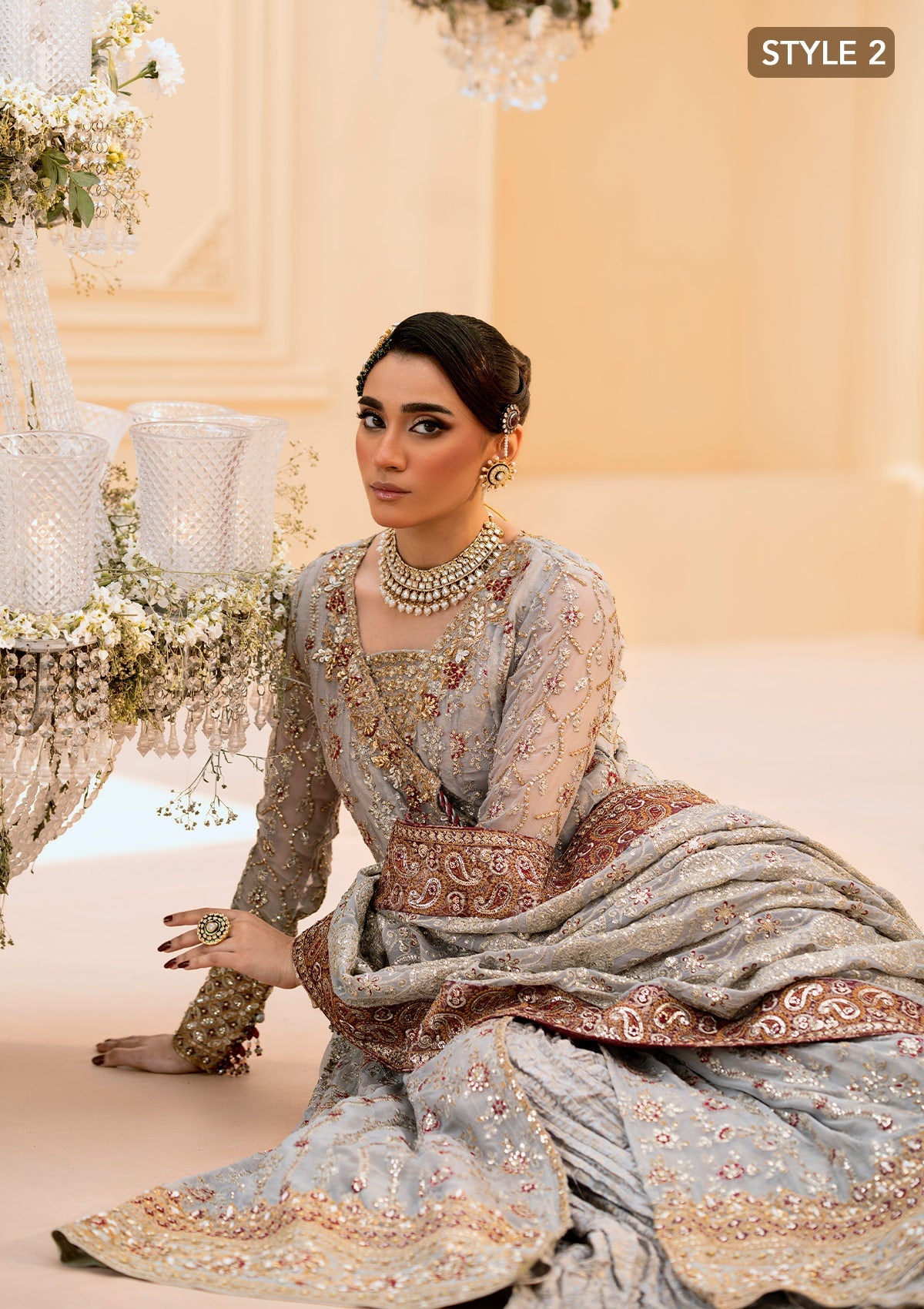 WEDDING FESTIVE 25 VOL. 1 - LOOK 02 Grey KALIDAR OPEN FRONT WITH CRUSHED FROCK,ANGRAKHA WITH CRUSHED SHARARA For Wedding Events - Pakistani Designer Wear for Women in UK | Kifat