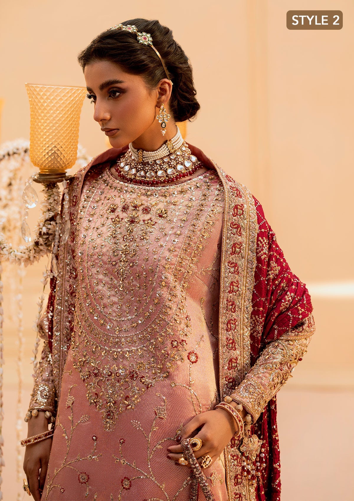 WEDDING FESTIVE 25 VOL. 1 - LOOK 03 Pink LONG SHIRT WITH GHARARA,LONG SHIRT WITH IZAAR PANTS For Wedding Events - Pakistani Designer Wear for Women in UK | Kifat