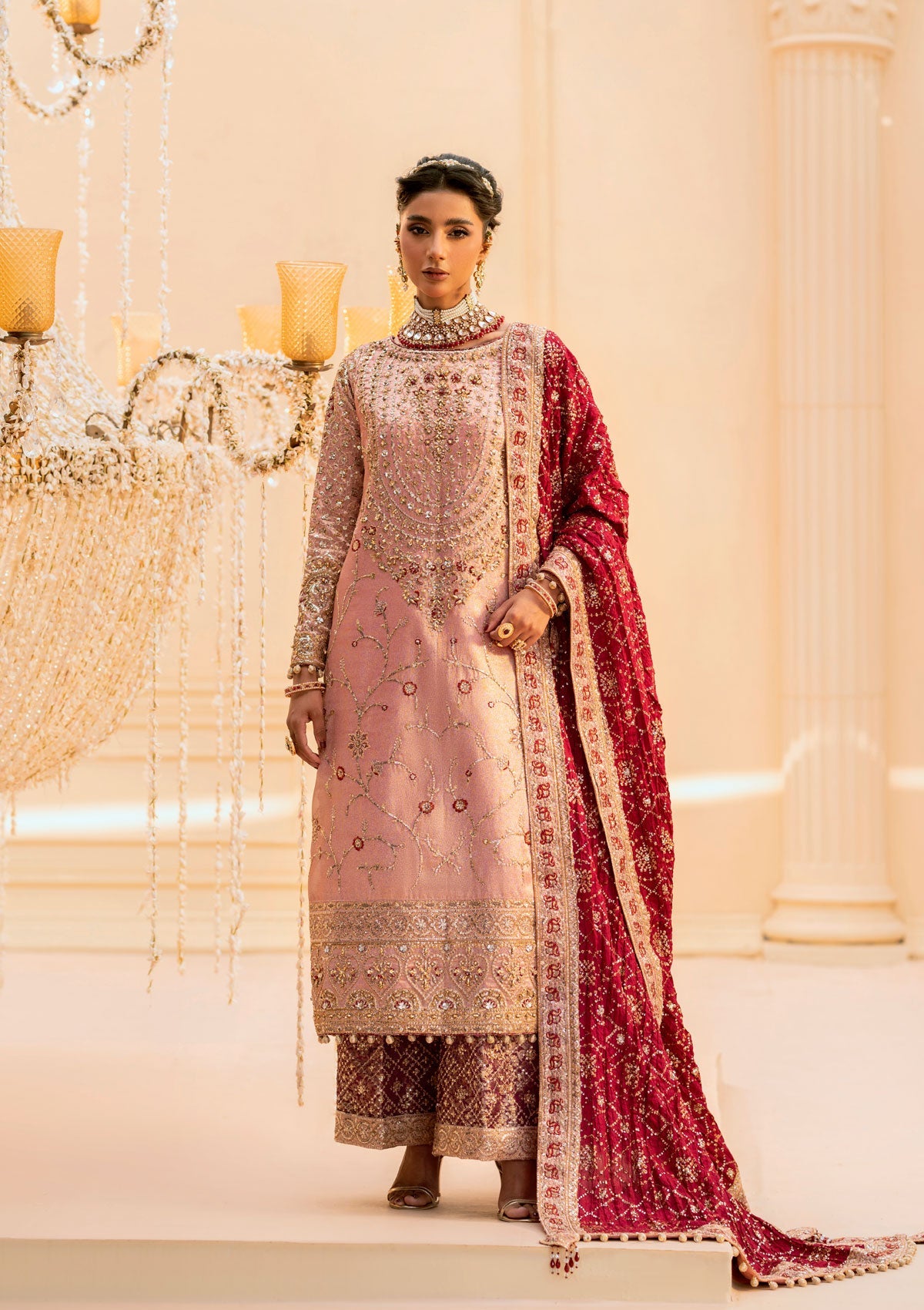 WEDDING FESTIVE 25 VOL. 1 - LOOK 03 Pink LONG SHIRT WITH GHARARA,LONG SHIRT WITH IZAAR PANTS For Wedding Events - Pakistani Designer Wear for Women in UK | Kifat