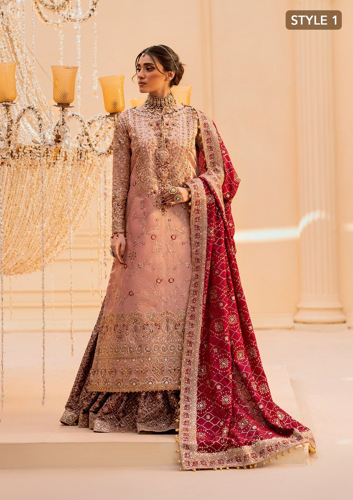 WEDDING FESTIVE 25 VOL. 1 - LOOK 03 Pink LONG SHIRT WITH GHARARA,LONG SHIRT WITH IZAAR PANTS For Wedding Events - Pakistani Designer Wear for Women in UK | Kifat
