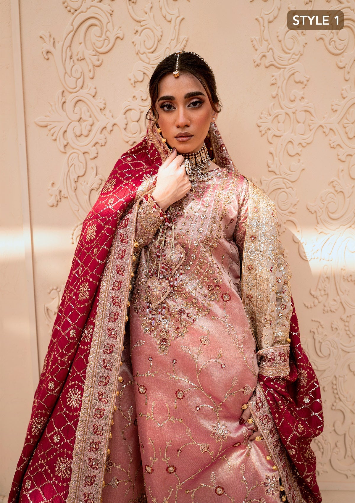 WEDDING FESTIVE 25 VOL. 1 - LOOK 03 Pink LONG SHIRT WITH GHARARA,LONG SHIRT WITH IZAAR PANTS For Wedding Events - Pakistani Designer Wear for Women in UK | Kifat